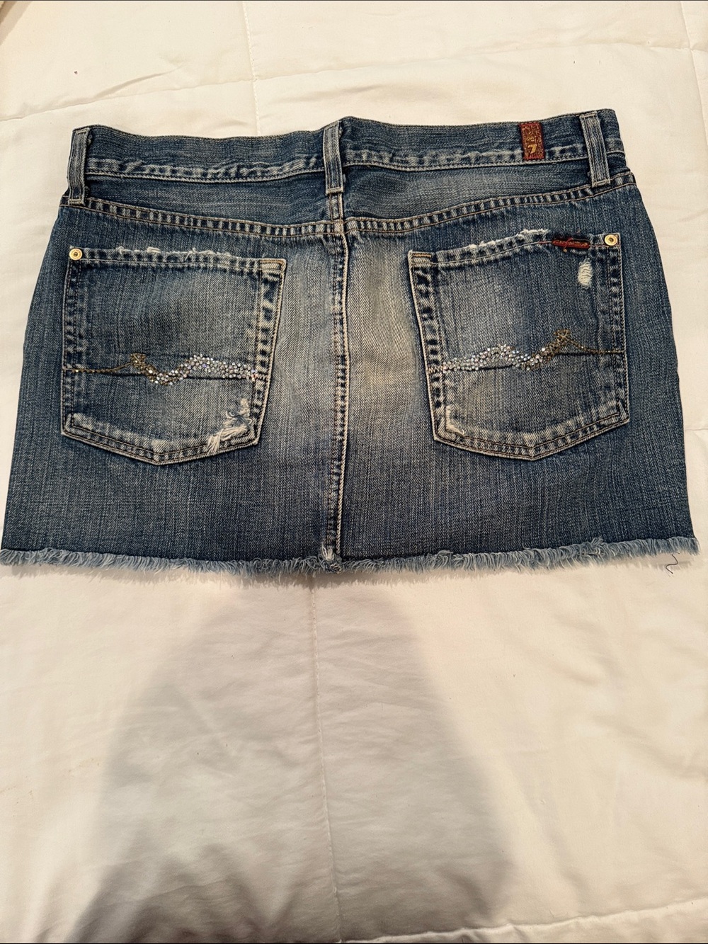 7 For All Mankind Denim Jean Mini Skirt Frayed destroyed with Swarovski Crystal
